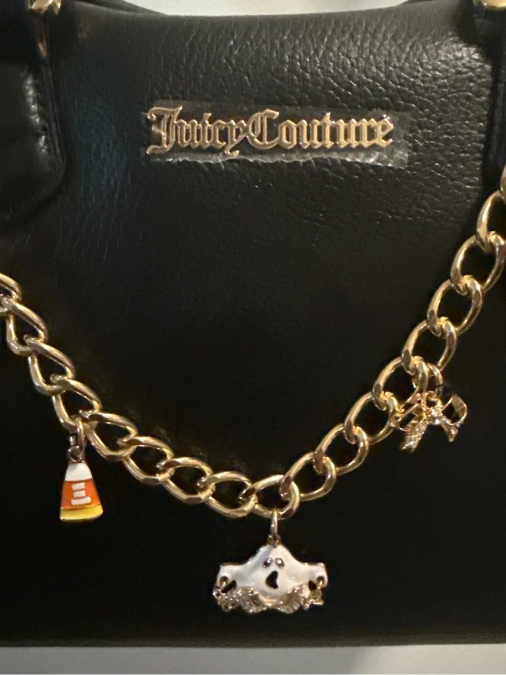 Juicy Couture Black Faux Leather Satchel with Gold Charm Chain